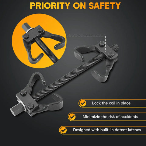 Heavy Duty Coil Spring Compressor Tool Kit For Auto Repair Pro Grade Spring Clamp Set close-up with safety features highlighted.