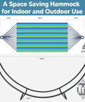 Illustration of Heavy Duty Hammock Stand With Foldable Frame For Patio Hangout Ready And Easy Set Up, dimensions shown, 475 lbs capacity.