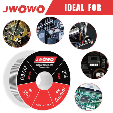 Rosin Core Solder Wire For Electrical Soldering 0.6 mm Diameter 50 G Spool Prefluxed With Two Percent Rosin Core Flux No Extra Flux Needed displayed with electronics work examples.