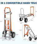 All In One 4 In 1 Convertible Aluminum Hand Truck With 1000 LB Capacity shown in different modes with dimensions