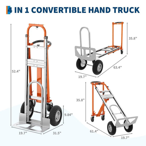 All In One 4 In 1 Convertible Aluminum Hand Truck With 1000 LB Capacity shown in different modes with dimensions