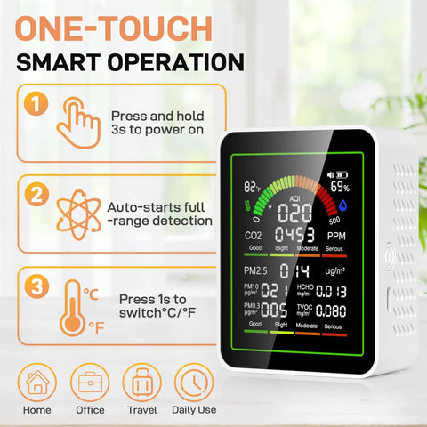Level Up Your Breathing Game With This Sleek Indoor Air Quality Monitor Catching Co2 Formaldehyde Pm2 5 Pm10 Daily Temp Humidity, showing operation guide.