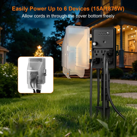 Outdoor Dusk To Dawn Stake Timer Power Hub with Six Outlets, Weatherproof Power Strip on a 6ft cord in garden setting