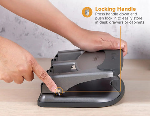 Hand demonstrating locking handle on Heavy Duty 3 Hole Punch For Home Office And School With EZ Squeeze One Touch Reduced Force 40 Sheet Capacity