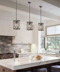 Kitchen island with Dope Rustic Wood Pendant Light With Black Metal Shade, 1-Light Farmhouse Ceiling Fixture hanging above.