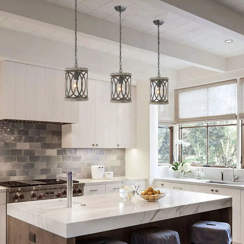 Kitchen island with Dope Rustic Wood Pendant Light With Black Metal Shade, 1-Light Farmhouse Ceiling Fixture hanging above.