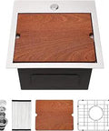 Drop In Bar Sink For Small RV Kitchen 15x15 Topmount 16 Gauge Stainless Steel Single Bowl Ledge Workstation Wet Bar Prep Sink With Built In Cutting Board And Rack, top view with accessories.