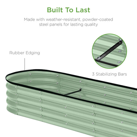 Oval Outdoor Metal Raised Garden Bed With 12 Inch Deep Planter For Veggies Herbs Flowers And Succulents, 8x2x1 Ft, 108 Gallon Capacity, Sage Green, Open Drainage Base with close-up on stabilizing bars and rubber edging.