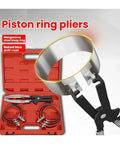Premium 7-Piece Piston Ring Compressor Kit For Universal Engine Assembly And Heavy Duty Auto Maintenance That Simplifies Installation With Super Durable Pliers Tool. red case with piston ring pliers and compressor rings