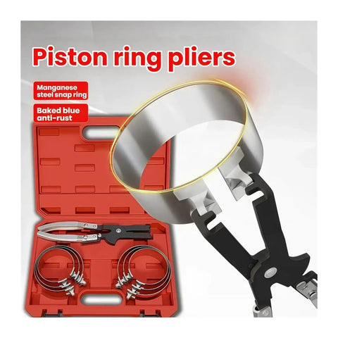 Premium 7-Piece Piston Ring Compressor Kit For Universal Engine Assembly And Heavy Duty Auto Maintenance That Simplifies Installation With Super Durable Pliers Tool. red case with piston ring pliers and compressor rings