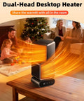 Portable Dual-Head Space Heater With Remote on table, family in living room, 270 degree manual rotation and auto oscillation visible