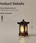 Handmade Korean Wood Lamp With Pagoda Design, cozy table lantern dimensions shown, brown finish, warm ambient light