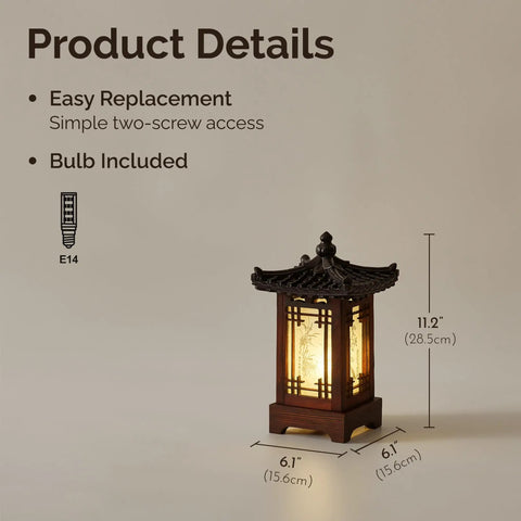 Handmade Korean Wood Lamp With Pagoda Design, cozy table lantern dimensions shown, brown finish, warm ambient light