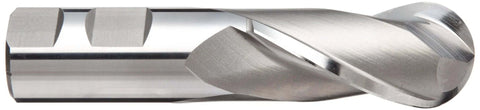 Side view of YG-1 HSS ball-nose end mill with Weldon shank, 2-flute, 1 inch cutter, 0.75 inch shank, bright finish