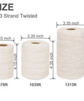 Three spools of 100 Percent Cotton Kitchen Twine For Roasting And Trussing Poultry Two Millimeter Thick 476 Feet Long Natural Unbleached Pro Grade Craft String For Baking And Cooking, showing different sizes with measurements.