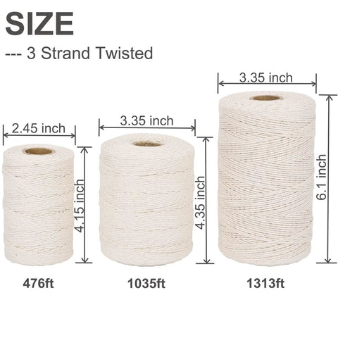 Three spools of 100 Percent Cotton Kitchen Twine For Roasting And Trussing Poultry Two Millimeter Thick 476 Feet Long Natural Unbleached Pro Grade Craft String For Baking And Cooking, showing different sizes with measurements.
