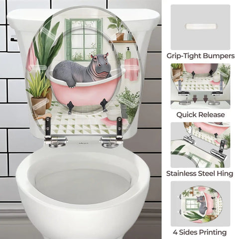 Round Toilet Seat Decorative for Bathroom with hippo design, 14-15 inches wide, suitable for various toilet models.