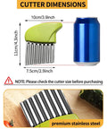 Crinkle cutter with green plastic handle and stainless steel blades; 10 cm long veggie slicer.
