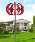 600W Vertical Axis Wind Turbine Kit With 5 High Efficiency Blades 12V DC Generator in red finish outside a home