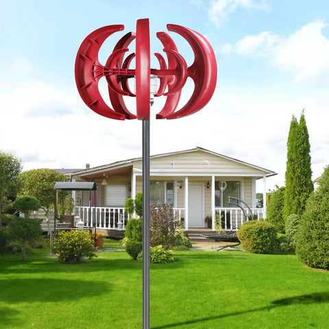 600W Vertical Axis Wind Turbine Kit With 5 High Efficiency Blades 12V DC Generator in red finish outside a home