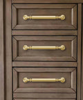 2 Pack 10 Inch Brushed Gold Cabinet Pulls For Kitchen And Bathroom Drawers Matte Gold Finish Moisture Proof Scratch Resistant Easy To Clean Heavy Duty Zinc Alloy Handles Modern Kitchen Update installed on wooden drawers