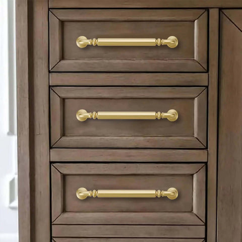 2 Pack 10 Inch Brushed Gold Cabinet Pulls For Kitchen And Bathroom Drawers Matte Gold Finish Moisture Proof Scratch Resistant Easy To Clean Heavy Duty Zinc Alloy Handles Modern Kitchen Update installed on wooden drawers
