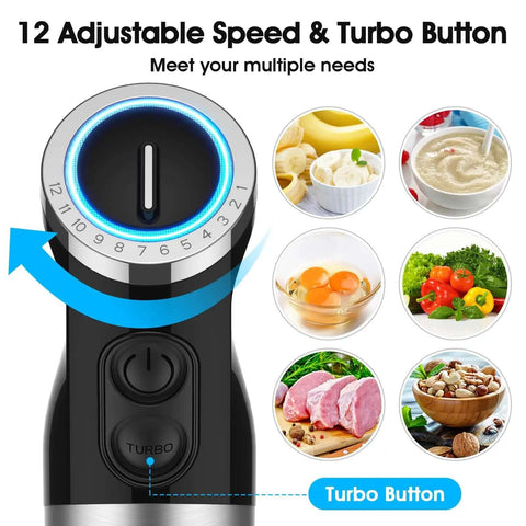 Game Changing 1000 Watt Immersion Blender Featuring 12 Speed Settings And Premium Stainless Steel Blades close-up of adjustable speed dial and turbo button.