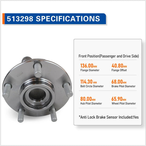 Pair Front Wheel Hub And Bearing Assembly 513298 Fits 2008 2013 Nissan Rogue, 2014 2015 Rogue Select, And 2008 2012 Sentra 2.5L 4 Cylinder With 5 Lug Pattern, detailed view with specifications and dimensions like flange diameter and bolt circle.
