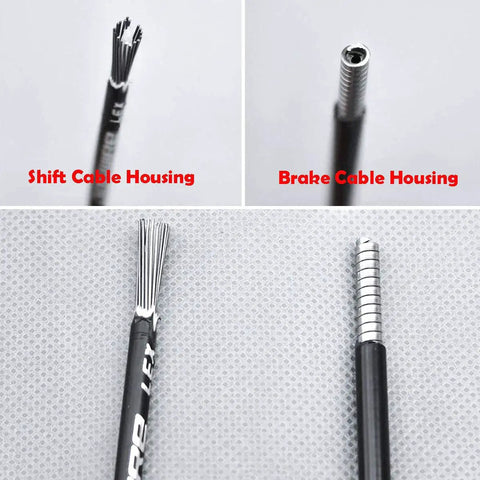 Close-up of shift and brake cable housing ends from Bicycle Brake And Shift Cable Housing Kit With 50ft Total Length Two 25ft Rolls.