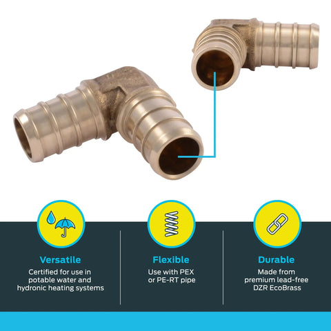 Half Inch Crimp 90 Degree Brass Plumbing Elbow Fitting Pack Of 10 For PEX And PE RT Tubing Lead Free Build Full Flow with icons