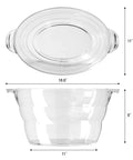 Acrylic Oval Party Tub With Handles For Chilling Drinks Indoor Outdoor Bar Use Crystal Clear Beverage Cooler Ice Tub For Wine Beer And Soda Easy Carrying Drink Station, top and side view with dimensions.