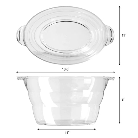 Acrylic Oval Party Tub With Handles For Chilling Drinks Indoor Outdoor Bar Use Crystal Clear Beverage Cooler Ice Tub For Wine Beer And Soda Easy Carrying Drink Station, top and side view with dimensions.