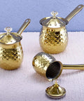 Gold Hammered Stainless Steel Turkish Coffee Cezve 7 Oz 200 Ml Ibrik With Heat Resistant Handle And Lid Displayed