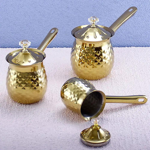 Gold Hammered Stainless Steel Turkish Coffee Cezve 7 Oz 200 Ml Ibrik With Heat Resistant Handle And Lid Displayed