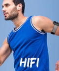 Runner with 64GB MP3 Player With Clip For Sports A65 Bluetooth 5 Point 3 Music Player attached to arm, wearing wireless earphones