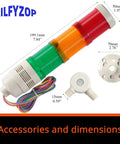 Industrial Signal Tower Light With Multi Color Led Indicator And Built In Buzzer For High Brightness Alerts In Noisy Environments AC 110 120V shown with dimensions and accessories