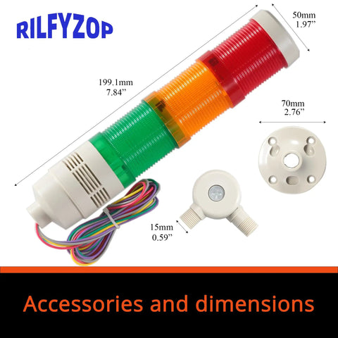 Industrial Signal Tower Light With Multi Color Led Indicator And Built In Buzzer For High Brightness Alerts In Noisy Environments AC 110 120V shown with dimensions and accessories