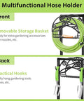 Front and back view of Heavy Duty Garden Hose Holder With Freestanding Steel Frame, showing removable basket and hooks.