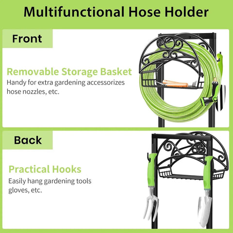 Front and back view of Heavy Duty Garden Hose Holder With Freestanding Steel Frame, showing removable basket and hooks.