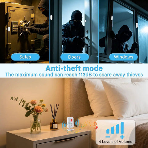 5-In-1 Wireless Door Alarm Chime With LED Lights And Welcome Doorbell showing anti-theft mode with maximum sound level at 113dB
