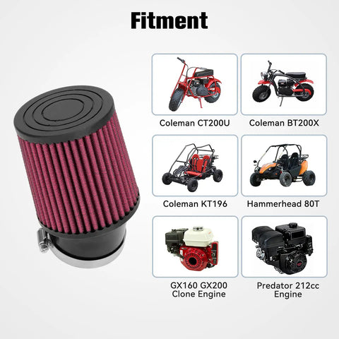 Diagram showing fitment of Beefed Up Air Filter Adapter Kit For Predator 212cc 196cc Coleman CT200U BT200X KT196 engines with mini bike and go kart images