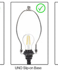 Lamp bases showing saddle, UNO slip-on, and incorrect base for Macrame Lampshade For Table Lamps With Harp And Adapter, Spider Fitter Light Shade In Boho Style, Woven Boho Lamps Cover For Bedroom Living Room And Office Decor, Fits Self Half Tooth And Full Tooth Lamp Caps Easy Install.