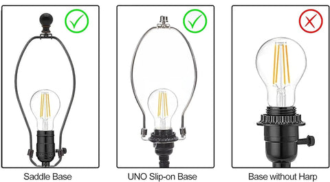 Lamp bases showing saddle, UNO slip-on, and incorrect base for Macrame Lampshade For Table Lamps With Harp And Adapter, Spider Fitter Light Shade In Boho Style, Woven Boho Lamps Cover For Bedroom Living Room And Office Decor, Fits Self Half Tooth And Full Tooth Lamp Caps Easy Install.