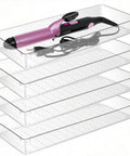 4 Pack 15x6 Inch Extra Large Clear Plastic Drawer Organizer Trays For Vanity Makeup Kitchen Utensils Bathroom Office Desk Auto Tools And Craft Supplies Ultra Handy Multi Purpose Storage Bins with curling iron