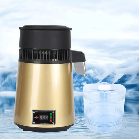 Smart Four Liter Automatic Water Distiller featuring heavy duty stainless steel chamber, 750W heater, and transparent water container.