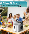 Beast Portable Ice Maker For Home Kitchen Camping And RV with carry handle outdoors on picnic table, making 9 ice cubes