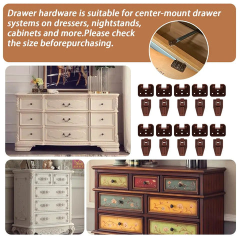 Heavy Duty Drawer Slide Repair Kit 10 Piece Set Reinforced Hard Plastic for center-mount drawers on furniture.