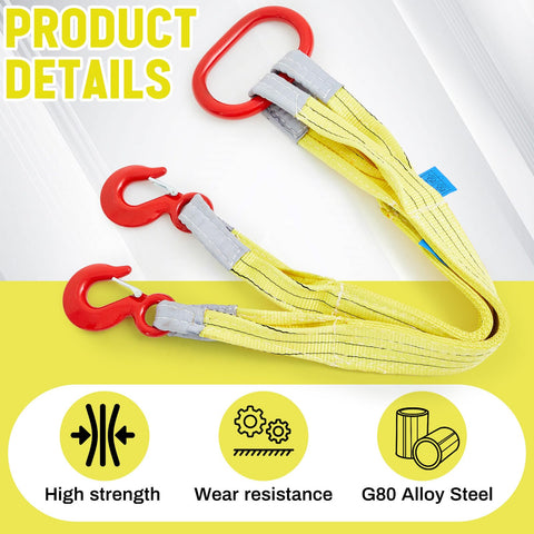 Heavy Duty 2 Piece Web Sling Set With Two Leg Bridle Straps And Twist Eye Lift Hooks For Hoists Cranes Trucks Tow Jobs And Tree Stump Lifts For Multi Point Load Control, 13227 Lbs Load Capacity, Yellow