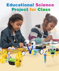 Children building Hands-On Electric Motor Robot Science Kits For Kids Ages 8 To 12 on a classroom table with robot models.