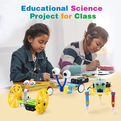 Children building Hands-On Electric Motor Robot Science Kits For Kids Ages 8 To 12 on a classroom table with robot models.